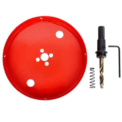 Front view of red 5.5-inch bi-metal hole saw kit with arbor and hex key
