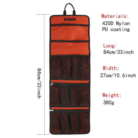 Open view of red Rock Climbing Gear Storage Bag For Quickdraws And Small Parts Carabiner Hook Organizer, foldable, multiple pockets.