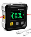 Straight Up Digital Angle Finder Protractor With Hella Strong Magnetic Base And Dead On 4X90 Degree Readings Featuring A Badass LED Screen showing large display and USB charging cable.
