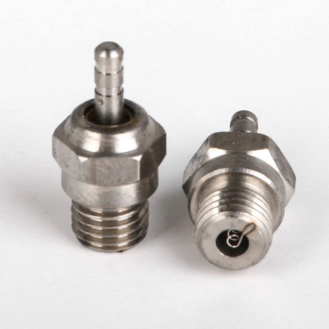 Stainless Steel Thermal Glow Plug Replacement Set for HSP N3 15 to 28 Nitro Engines, close-up of two plugs showing hex and inner coil.