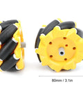 Omni Directional Mecanum Wheel Set for DIY Robot Cars 80mm rubber coated left and right wheels shown with yellow ABS plastic