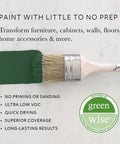 Chalk Finish Paint For Furniture And Cabinets No Priming Or Sanding Water Based Low VOC Green Wise Certified French Quarter Green 32 Oz brush