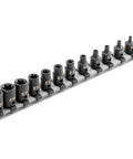 3/8 Inch Drive Shallow External Star Impact Socket Set With Rail, 12-Piece (E4-E20) on white background