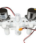 12V DC Smart Toilet Bidet Dual Solenoid Water Valve Manifold ZNF-A 0.5-8 Bar, three threaded ports, view of valves and wiring
