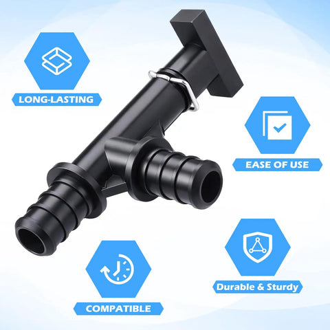 2 Pack Half Inch PEX RV Low Point Drain Valve 90 Degree Space Saving Water Line Fitting Durable Plastic Pipe Connector for Camping Trailers Boats Black Easy Install No Fuss with highlighted features