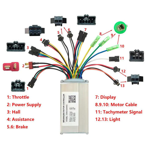 Detailed wiring diagram of X008 AAM002 48V 18A Brushless Motor Controller For 5S Protocol E Bikes with labeled connectors and setup.