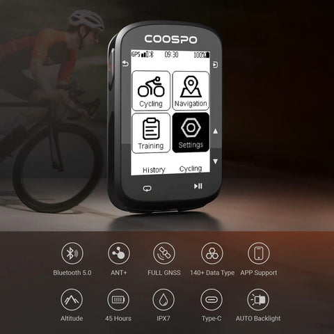 Close-up of Wireless Bike Computer With 2.6 Inch LCD GPS Route Navigation displaying cycling and navigation icons.
