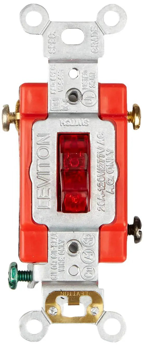 Beefy 20 Amp 120 Volt Toggle Pilot Light Switch With Illuminated Handle Requires Neutral Self Grounding Quiet Single Pole AC Operation Red 1221 PLR Industrial Grade Switch For Demanding Applications front view