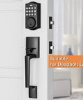 Matte Black Front Door Handle Set With Reversible Lever For Right Or Left Handed Doors, shown with deadbolt lock on white door