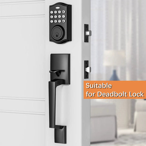 Matte Black Front Door Handle Set With Reversible Lever For Right Or Left Handed Doors, shown with deadbolt lock on white door