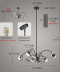 Mid Century 8 Light Glass Globe Sputnik Chandelier in Black dimensions and installation details for various room settings.