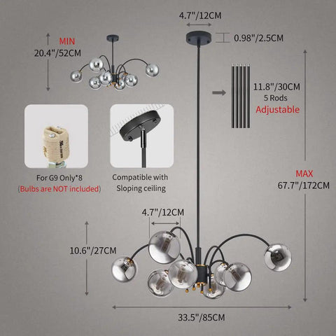 Mid Century 8 Light Glass Globe Sputnik Chandelier in Black dimensions and installation details for various room settings.