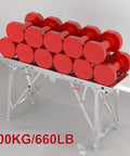 Slick Folding Scaffolding Deck With Quick Adjustable Height Settings For Drywall And RV Projects Rock Solid Work Platform loaded with red dumbbells.