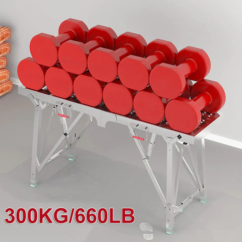 Slick Folding Scaffolding Deck With Quick Adjustable Height Settings For Drywall And RV Projects Rock Solid Work Platform loaded with red dumbbells.