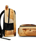 Side view of Kawaii Mini Cow Clay Art Printed Backpack For Everyday Use next to a matching lunchbox, featuring cute cow design.