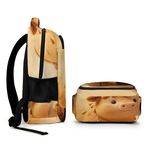 Side view of Kawaii Mini Cow Clay Art Printed Backpack For Everyday Use next to a matching lunchbox, featuring cute cow design.