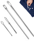 4 In 1 Drawstring Threader Tool Kit Stainless Steel Set With Spring Loaded Retriever And Safety Pins For Hoodies Shoes And Pants Replace Lost Drawstrings Easily Must Have, showing threading tools and safety pins alongside blue fabric.
