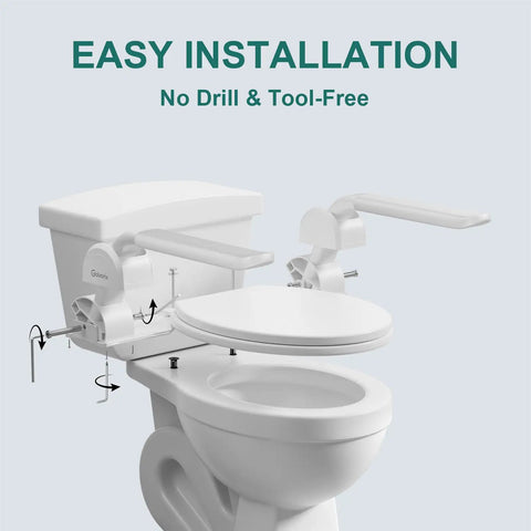 Rock Solid White Toilet Safety Rails With Heavy Duty Non Slip Handles For Seniors And Mobility Aid Bathroom Assist Support Grab Bar Easy Wipe Anti Tip Design, tool-free installation view with handles.