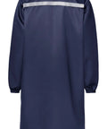 Back view of Rugged Lab Coat For Men For DIY And Workshop Jobs, navy blue, large size, long sleeve with reflective strip.