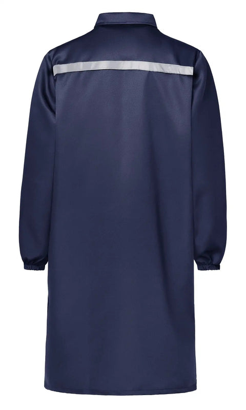 Back view of Rugged Lab Coat For Men For DIY And Workshop Jobs, navy blue, large size, long sleeve with reflective strip.