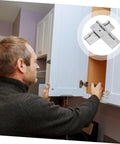 Stainless steel ball-bearing door hinges (2pcs) installed on white cabinet doors; inset close-up of hinge.