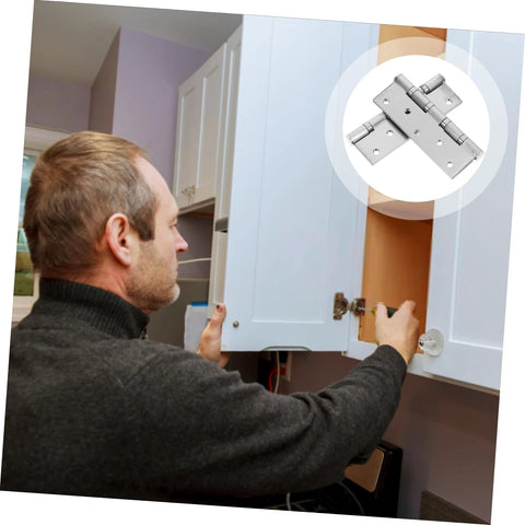 Stainless steel ball-bearing door hinges (2pcs) installed on white cabinet doors; inset close-up of hinge.