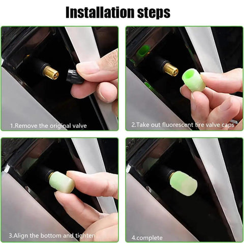 Installation steps for glow in the dark tire valve caps universal fit for cars trucks motorcycles SUVs and bicycles with five color pack of 20 durable valve stem caps that stand out in night traffic and make your ride look cool.