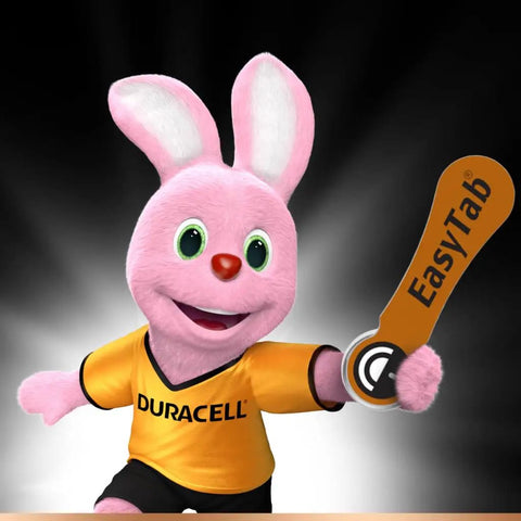Cute pink bunny mascot in Duracell shirt holding EasyTab, showcasing battery swapping ease and fun energy.