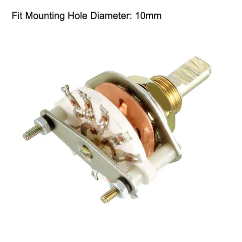 Band Selector Rotary Switch, 2 Pole 4 Position, 10 Pin, Single Deck, side view showing shaft, ideal for industrial machinery.