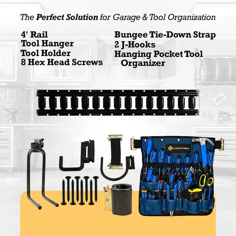 Slick Seven Piece Garage Storage Kit With Four Foot Steel Rail Two J Hooks Bungee Tie Down Strap And Hanging Pocket Tool Organizer For A Hella Sturdy Home Workshop Setup That Really Knocks Out The Clutter