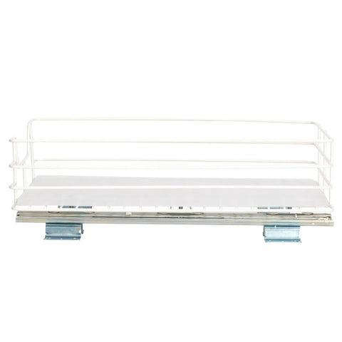 Super Durable Painted Steel Pull Out Pantry Basket With Non Stick Plastic Tray For Zero Hassle Cleanup And Totally Slick Modern Kitchen Cabinet Organization Setup In Crisp White