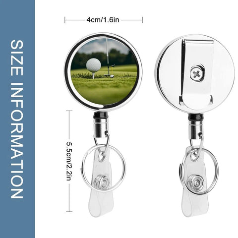 Heavy Duty Metal Badge Reel With 360 Degree Swivel And Secure Belt Clip showing golf-themed design, 4cm, stainless steel, retractable ID holder.