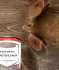 Top Notch Rustic Walnut Reactive Wood Stain with wood background, 1 Quart size for indoor furniture and outdoor decking.