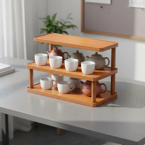 Clean 3 Tier Bamboo Cup Organizer Rack And Sharp Countertop Mug Stand For Coffee Bar Kitchen Office with mugs and teapots.