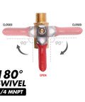 Pro Grade Heavy Duty Brass Ball Valve For Air Compressor Lines 1/4 Inch NPT On Off Shutoff With Red Lever showing swivel feature