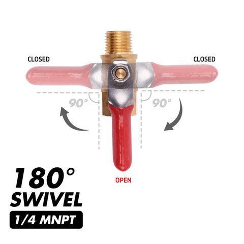 Pro Grade Heavy Duty Brass Ball Valve For Air Compressor Lines 1/4 Inch NPT On Off Shutoff With Red Lever showing swivel feature