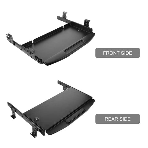 Ergonomic Under Desk Keyboard Tray With Slick Slide Out Gliding Platform And Contoured Wrist Support Plus Hidden Cable Routing showing front and rear sides.
