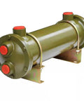 Shell And Tube Oil Cooler Heavy Duty For Industrial Hydraulic Injection Mold Machines Copper Tube Water Cooled Heat Exchanger With Three Quarter Inch Ports 300 Liter Capacity Or 300 Model in green with red caps