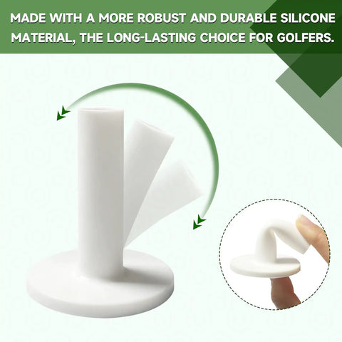 White rubber stand from 16 Piece Golf Tee Set With Rubber Stands And Bamboo Tees For Mats Tee Up At Indoor Driving Range And Golf Simulators Universal Tees For Artificial Turf Mats With Adjustable Heights For Driver Wood Or Hybrid displayed with side view and finger for scale.