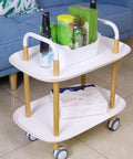 Hella Handy Compact Rolling Storage Cart Featuring Smooth Arched Metal Rail And Wide Tray Top loaded with drinks and snacks indoors.