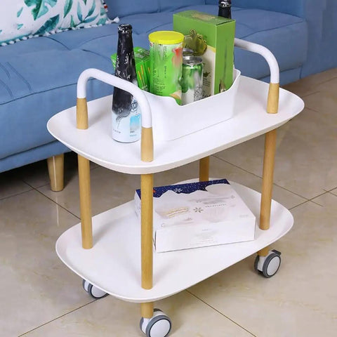 Hella Handy Compact Rolling Storage Cart Featuring Smooth Arched Metal Rail And Wide Tray Top loaded with drinks and snacks indoors.