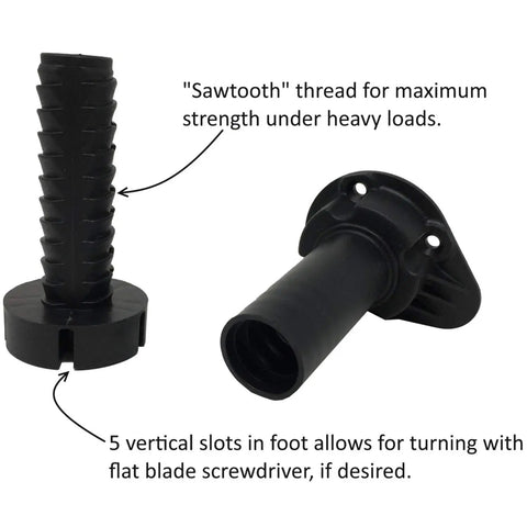Heavy Duty Cabinet Leveler Legs 12 Pack, 330 Lb Per Leg, Adjustable Height, black leg with sawtooth thread and screw slots displayed