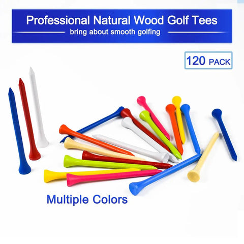 Natural Hardwood Golf Tees 3 1/4 Inch, 120 Pack, Biodegradable Wooden Tees, Mixed Colors displayed on a white background.