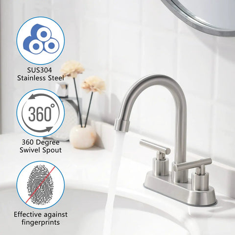 Brushed Nickel 4 Inch Centerset Two Handle Bathroom Faucet With Stainless Steel Build, water flowing in white sink with details.