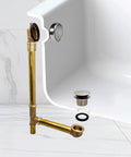 Solid Brass Bathtub Drain Overflow Box With Ball Joint Satin Nickel Finish displayed with installation components in a modern bathroom.