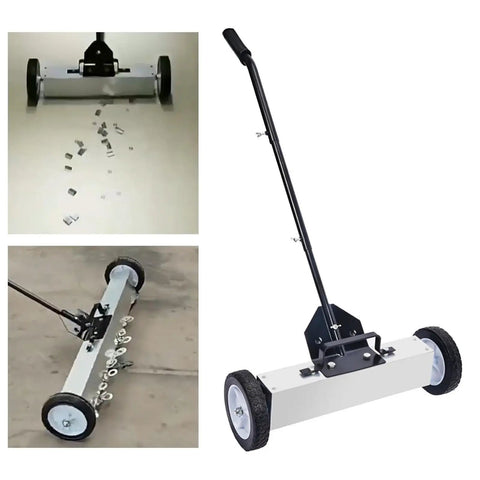 18 Inch Metal Pickup Lawn Sweeper Broom With Adjustable Handle And Wheels For Workshop Debris Collector Efficiently Clears Iron Filings And Shredded Scrap From Floors In Industrial Settings Or Heavy Duty Garage Shops Quick To Use