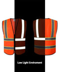 Hella Visible Construction Safety Vest With Reflective Tape Pack Of Ten Bright Orange Heavy Duty Work Gear Easy Zip Closure Breathable Polyester XL showing front and back views.