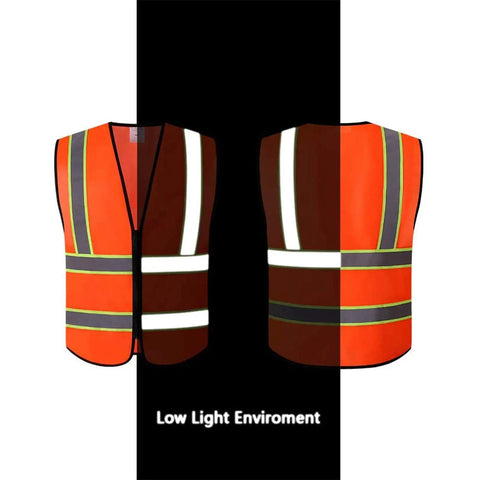 Hella Visible Construction Safety Vest With Reflective Tape Pack Of Ten Bright Orange Heavy Duty Work Gear Easy Zip Closure Breathable Polyester XL showing front and back views.
