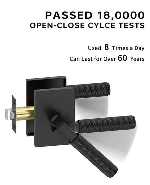 Black Privacy Door Handle Set With Keyless Interior Lock displayed with durability test results