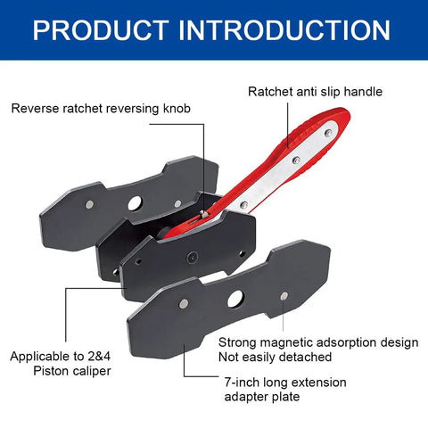 Pro Grade Car Brake Caliper Press Tool With 360 Degree Rotation And Auto Swing Ratchet Expander Wrench showing components.